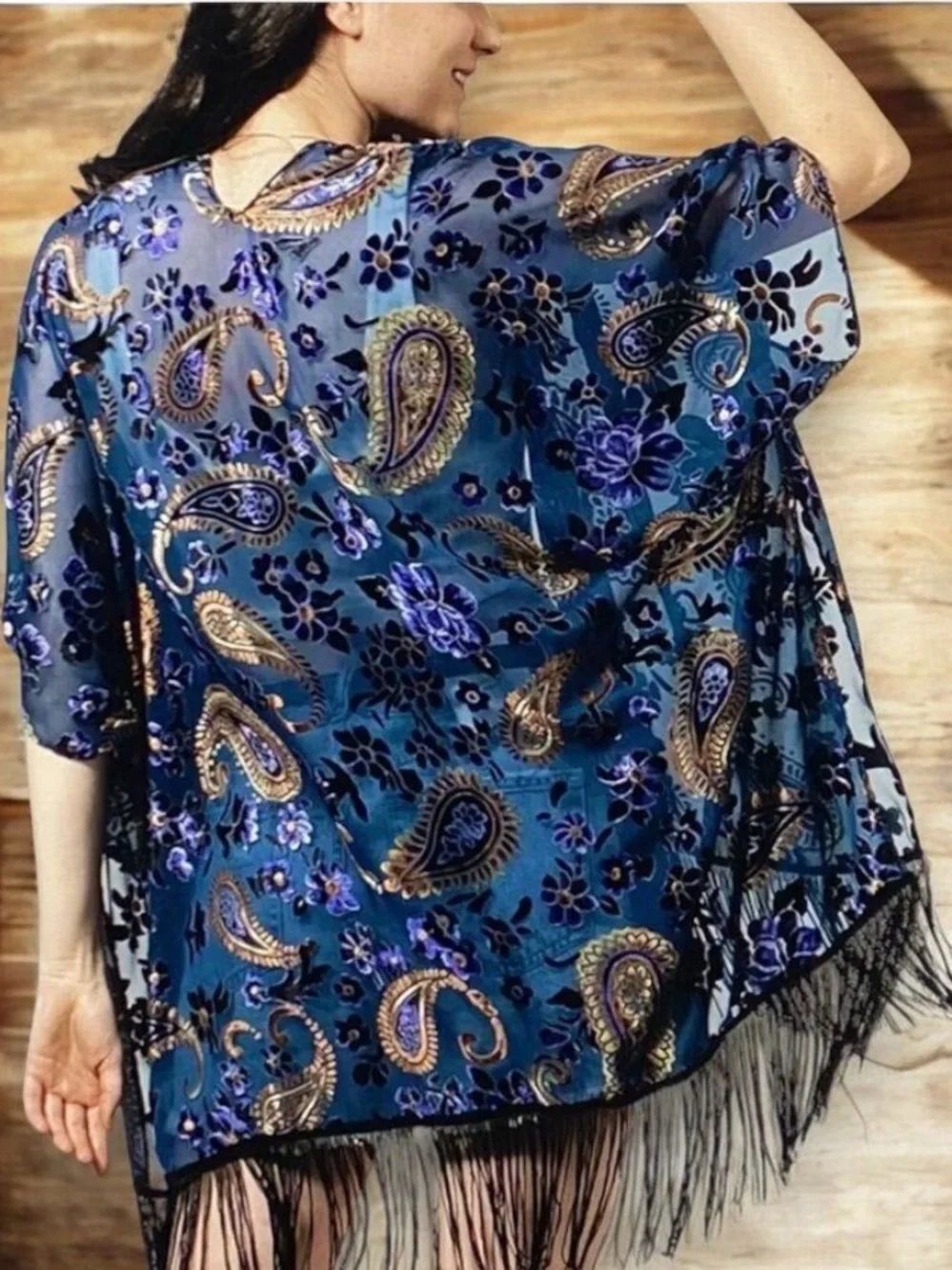 Navy Golden Black Fringe Velvet Kimono Jacket OS NWT